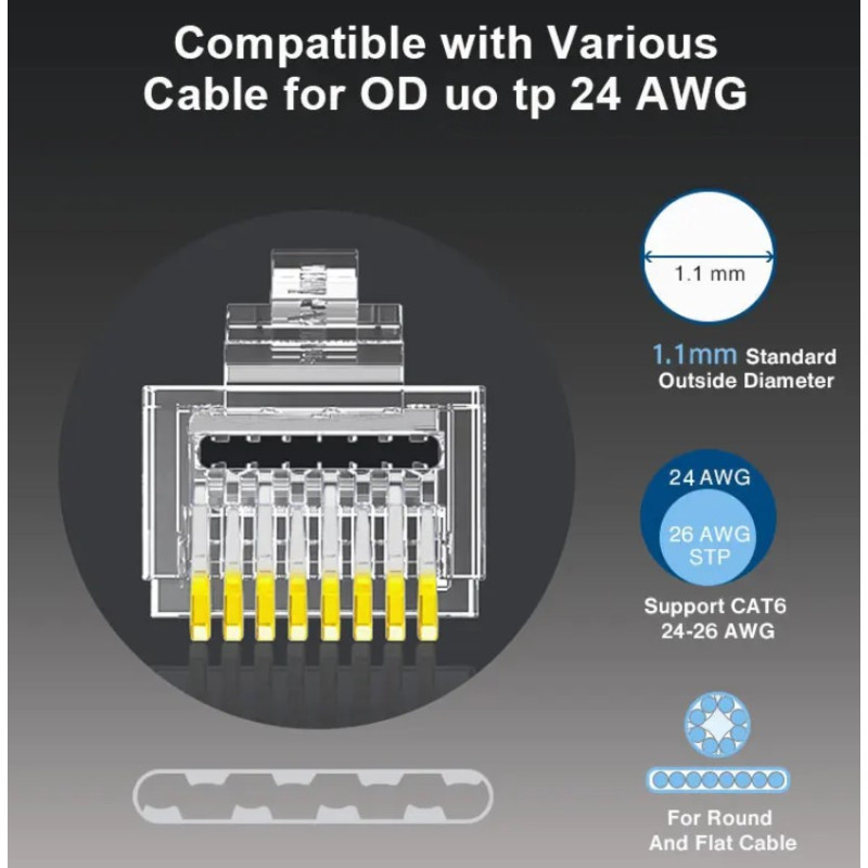 RJ45-ARC6-S21 - Разъем RJ45 проходной штекер для витой-пары Cat6 под жилу 24-26AWG