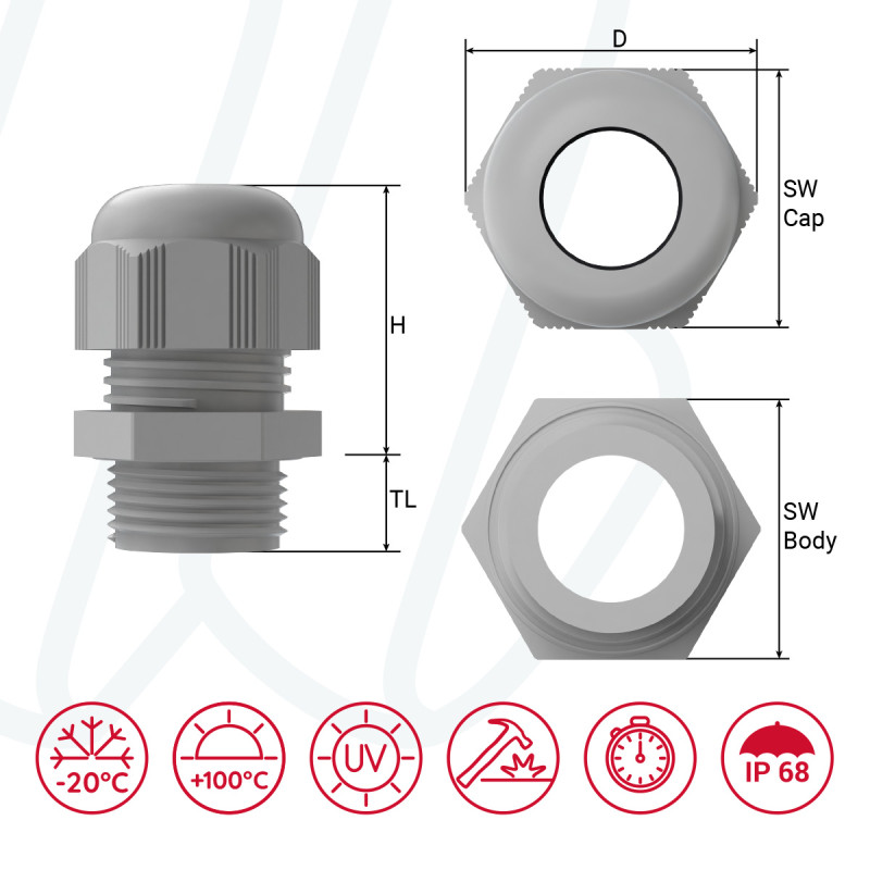 Кабельний ввід з поліаміду M25x1,5 / 11–17мм / TL=8мм / сірий RAL 7001 / упак. 50шт