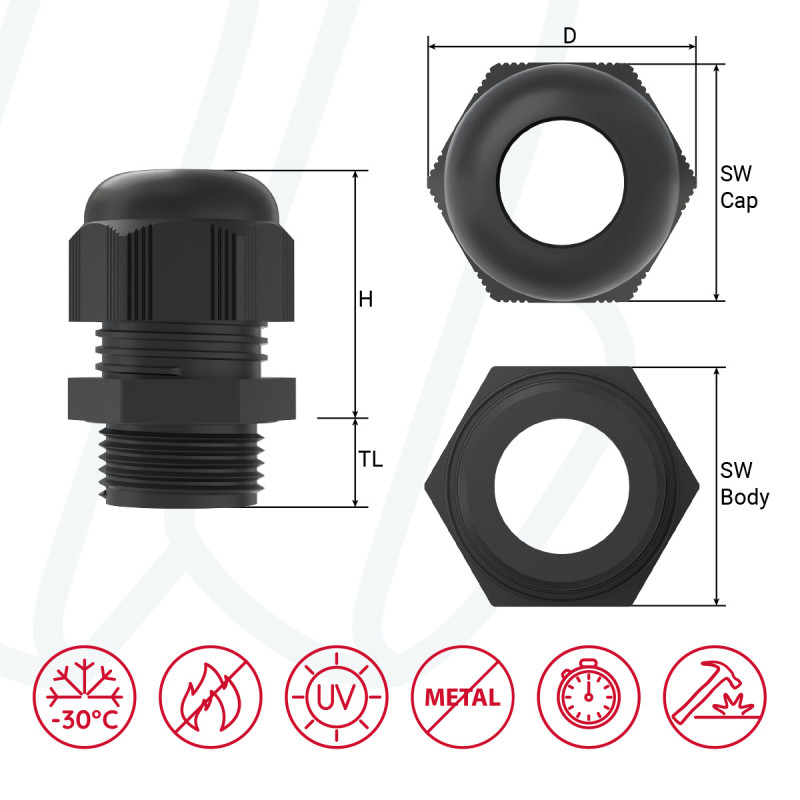 Кабельний ввід з поліаміду PG9 / 2–6 мм / TL=8 мм / чорний RAL 9005