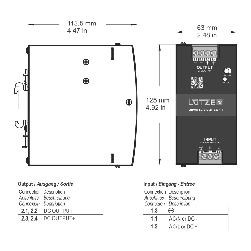 Джерело живлення LUTZE LEPOS-BC-240-24, 1 фазне, регульоване, 240 Вт