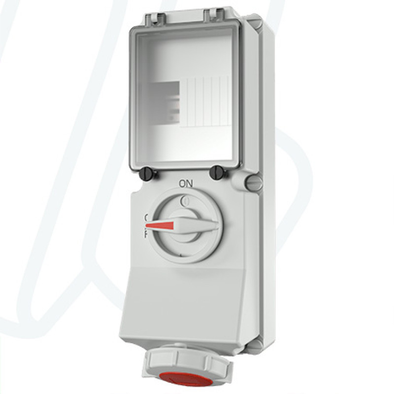 Розетка настінна 16A 5п 6г 400B, IP67 з вимикачем DUO та DIN рейкою