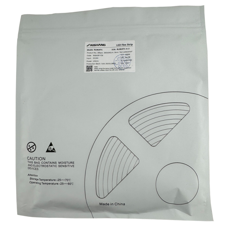 Світлодіодна стрічка 2835-180-IP20-WW-8-24 RL08J0TC-A-2 3000K CRI90 (10м н.у.)