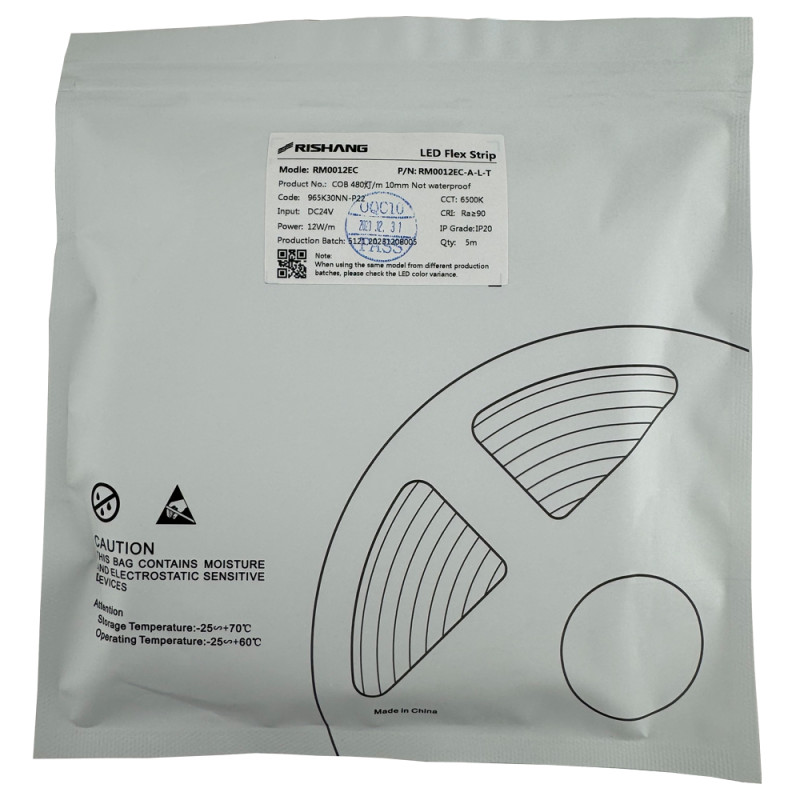 Світлодіодна стрічка COB-480-IP20-NW-10-24 RM0012EC-A-L-T CRI90 6500K