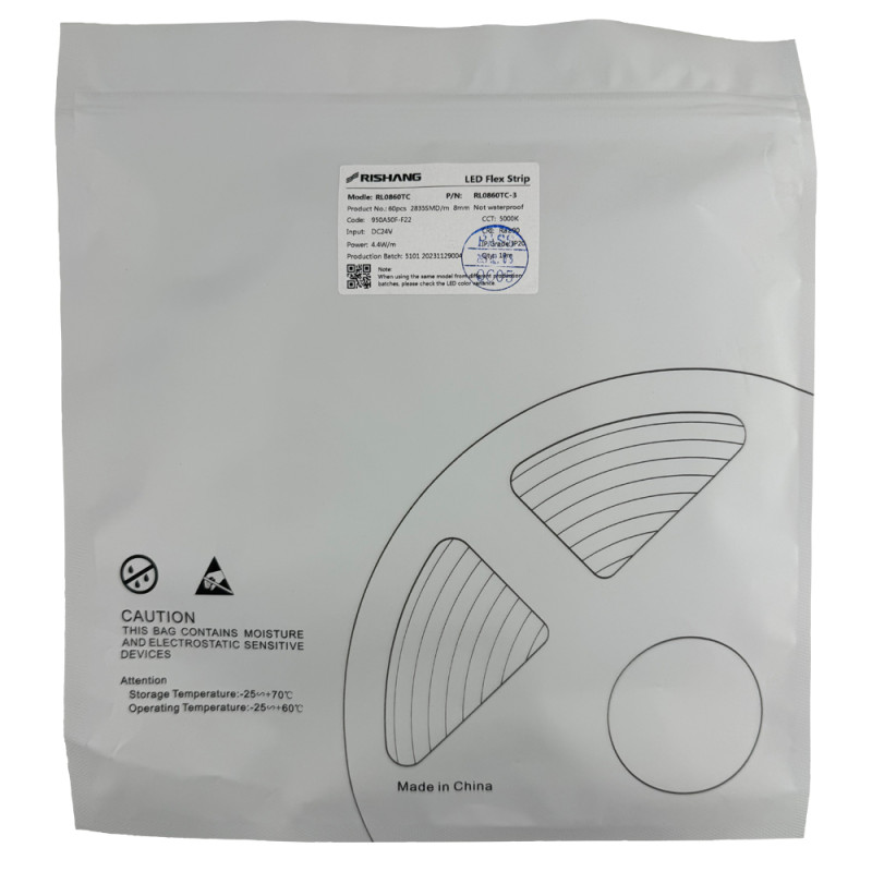 Світлодіодна стрічка 2835-60-IP20-NW-8-24 RL0860TC 5000K CRI90 (10м н.у.)