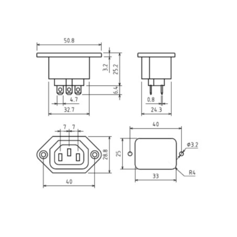 ACP-502 - Разъем гнездо C13 панельное, крепеж винта, приборный 220B, 3 контакта, IEC320