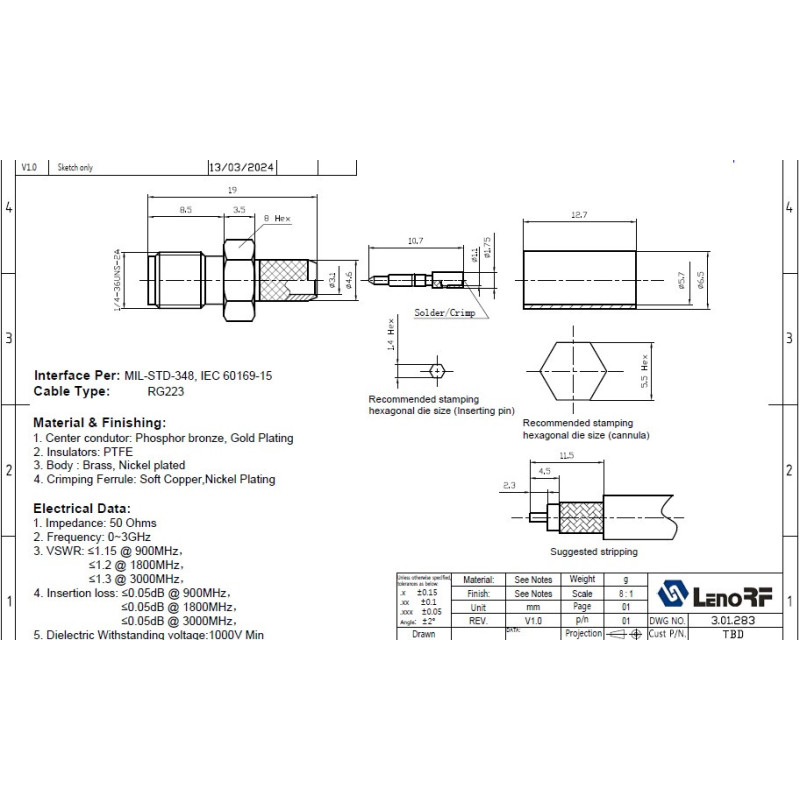 3.01.283 - RP-SMA - Разъем RP-SMA(гнездо) female для RG223, покрытие - золото