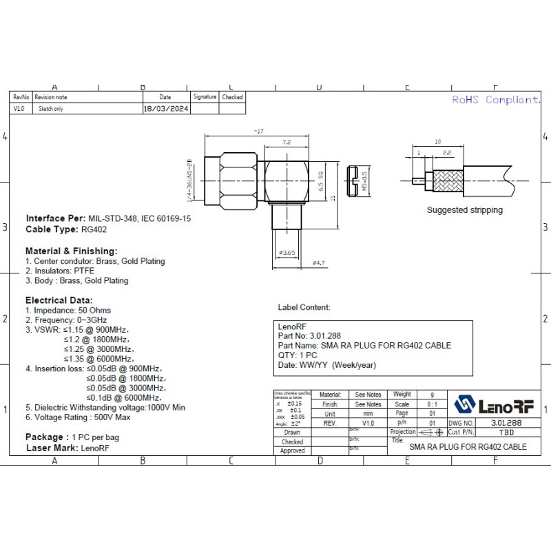 3.01.288 - SMA RA - Разъем угловой SMA (штекер) для коаксиального кабеля RG402, покрытие - золото