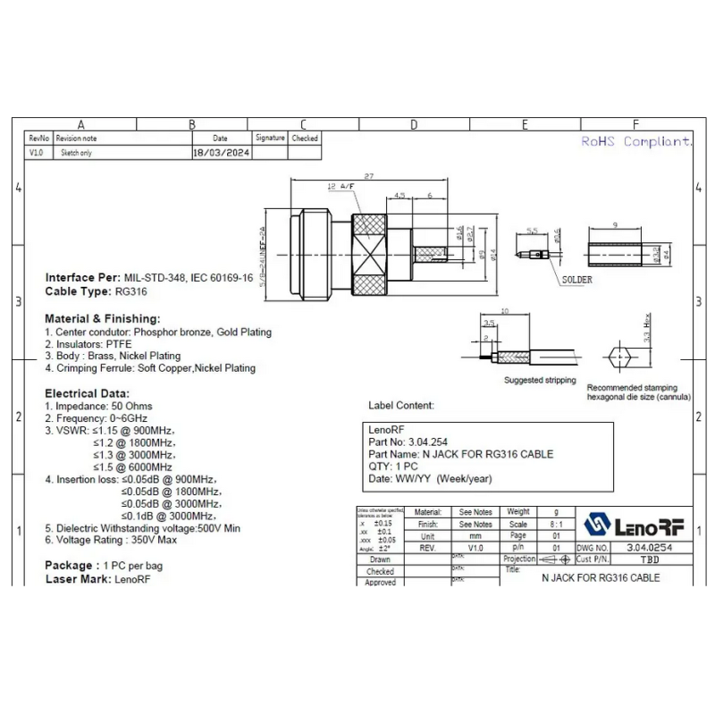 3.04.0254 - N - Разъем N (гнездо) для коаксиального кабеля RG316, покрытие - золото