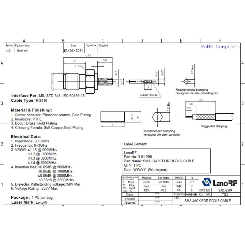 3.01.299 - SMA (female) для RG316 - Коннектор SMA(гнездо) для коаксиального кабеля RG316, Leno RF (КНР)