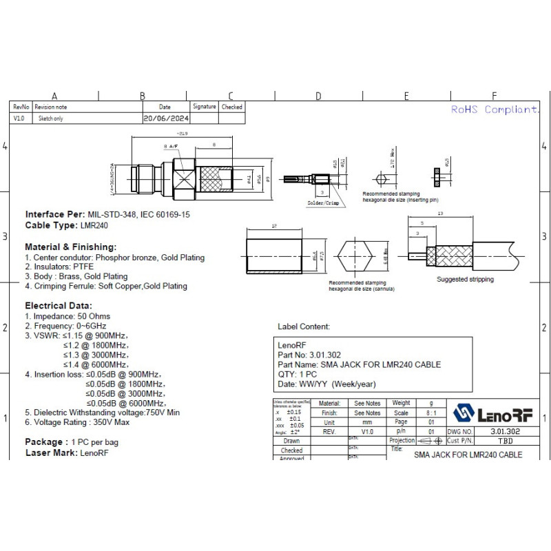 3.01.302 - SMA (female) для LMR240 - Коннектор SMA (гнездо) для коаксиального кабеля LMR240, Leno RF (КНР)