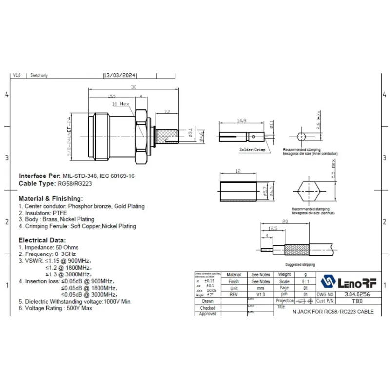 3.04.0256 - N JACK FOR RG223 CABLE - Конектор N(гніздо) для коаксіального кабелю RG223