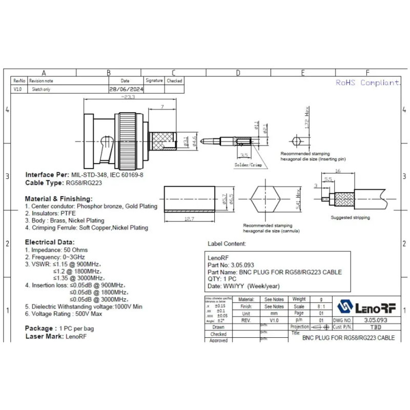 3.05.093 - BNC(male) for RG223 - Коннектор BNC (штекер) для коаксиального кабеля RG223, Leno RF (КНР)