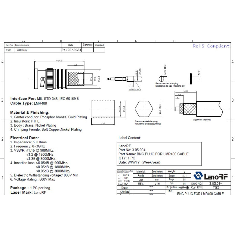 3.05.094 - BNC(male) for LMR400 - Конектор BNC(штекер) для коаксіального кабелю LMR400, Leno RF (КНР)