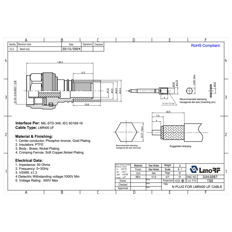 3.04.0287 - N (male) для RG8 LMR400 - Коннектор N(штекер) для коаксиального кабеля RG8 LMR400