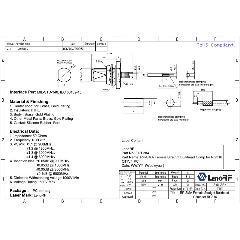 3.01.384 - RP-SMA (female) для RG316 - Коннектор RP-SMA (гнездо) для коаксиального кабеля RG316, Leno RF (КНР)