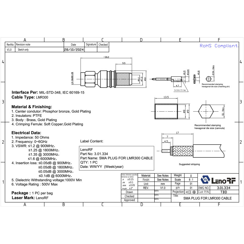 3.01.334 - SMA (штекер) для KSR300, 5D-FB - Коннектор SMA(штекер) для коаксиального кабеля KSR300, 5D-FB, Leno RF (КНР)