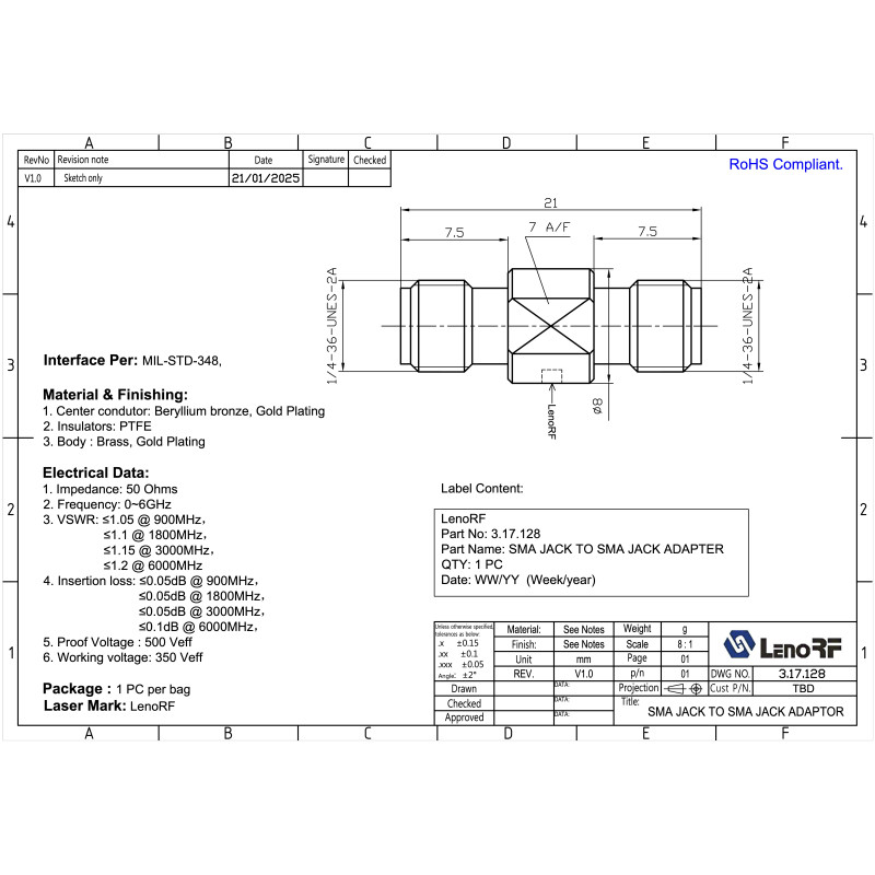 3.17.128 - SMA - Адаптер SMA(гнездо) female - SMA (гнездо) female, Leno RF (КНР)