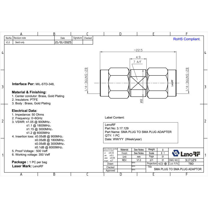 3.17.129 - SMA - Адаптер SMA(штекер) male - SMA (штекер) male, Leno RF (КНР)