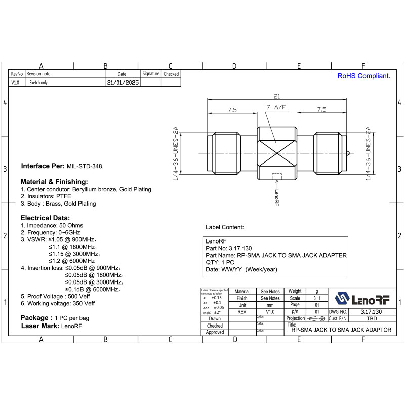 3.17.130 - SMA-RP-SMA - Адаптер SMA(гнездо) female - RP-SMA (гнездо) female, Leno RF (КНР)