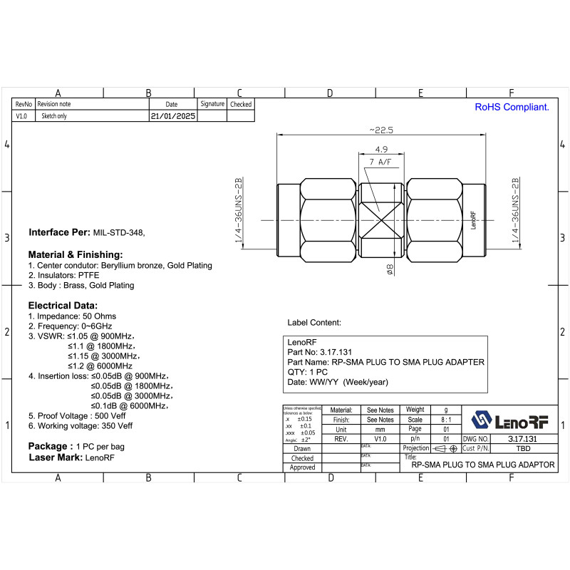 3.17.131 - SMA-RP-SMA - Адаптер SMA(штекер) male - RP-SMA (штекер) male, Leno RF (КНР)