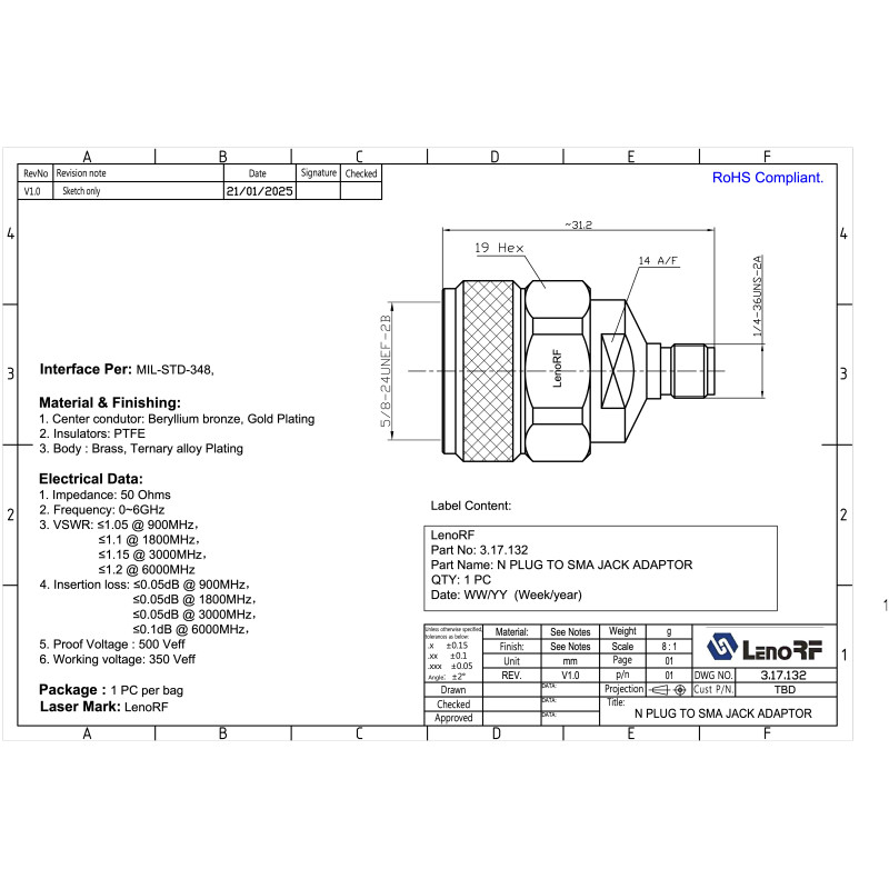 3.17.132 - SMA-N - Адаптер SMA(гнездо) female - N (штекер) male, Leno RF (КНР)