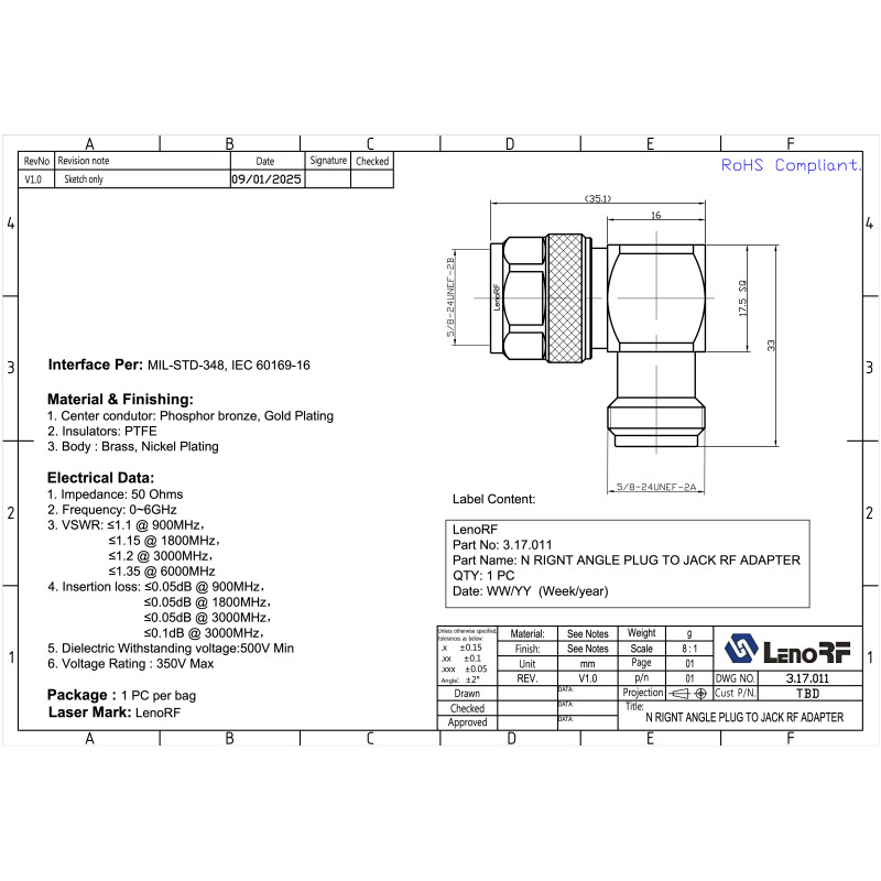 3.17.011 - N - Угловой адаптер N(штекер) male - N (гнездо) female