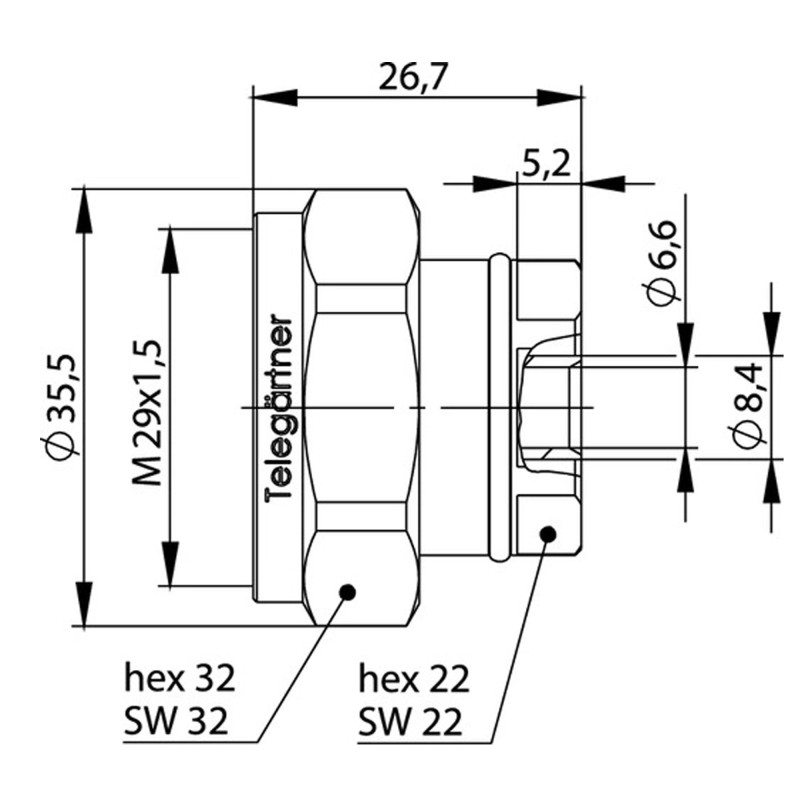 J01120B0083 - Разъем 7-16 кабельный, штекер, 50 Ом, G9 (UT-250), IP 68, монтаж В73, Telegartner