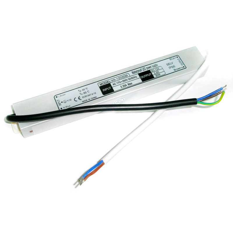 PW30-03 - Блок питания герметичный 220V-12V, 2.5A, 30W, 226*30*20, IP67, вес 0,29 кг, Rishang