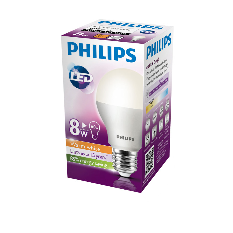 PHILIPS E27-8W (warm white) - Лампа світлодіодна з цоколем E27, 8 Вт, колір - білий-теплий