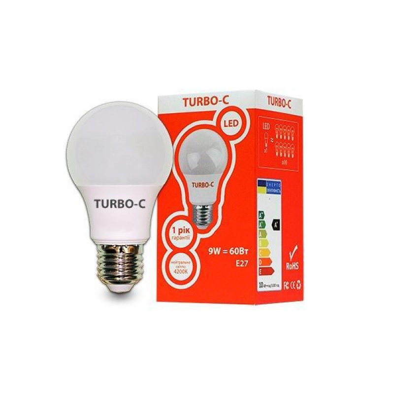 Лампа LED А60 9Вт Е27 4200K TURBO-С