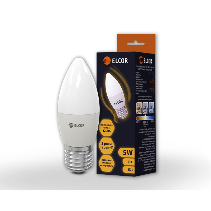 Лампа LED C37 5Вт Е27 свеча 4200К Elcor