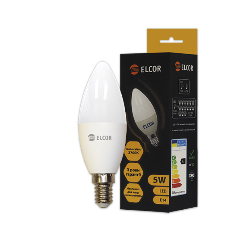 Лампа LED С37 5Вт Е14 свеча 2700K Elcor