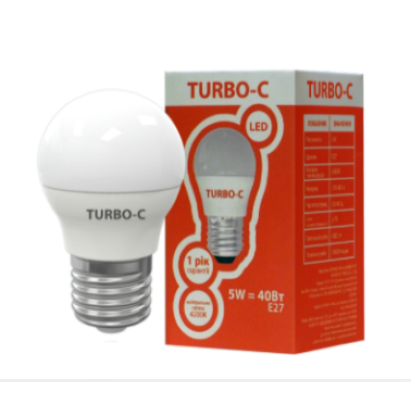 Лампа LED G45 5Вт Е27 4200K TURBO-C