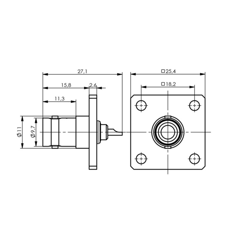 J01001A0107 - Разъём BNC, панельный, гнездо, 50 Ом, крепление: фланец, пайка