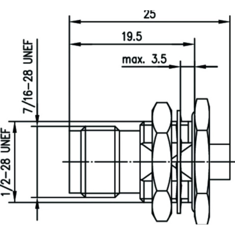 J01011A0008 - Разъём TNC, монтажный, гнездо, 50 Ом, уплотнение к панели, пайка, G10