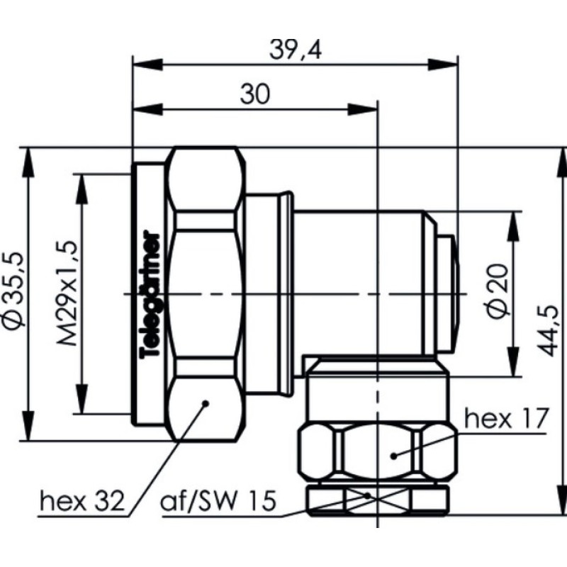 J01120A0113 - Кабельный угловой разъем, 7-16 штекер, 50 Ом, муфта / закрутка, G37 (2.7/7.25)