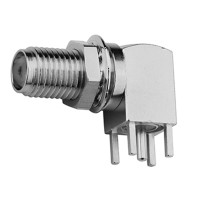 J01151A0208 - Роз'єм SMA панельний, гніздо, кутовий для встановлення на плату, 50 Ом, покриття-біла бронза