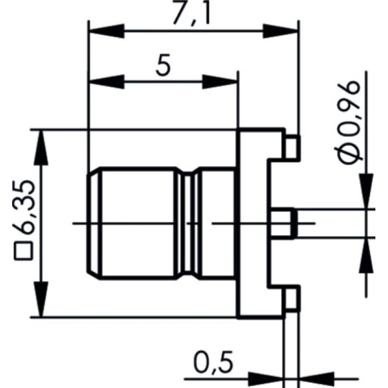 J01160A0421 - Разъём SMB, на плату, штекер, 50 Ом, пайка, на вертикальную плату