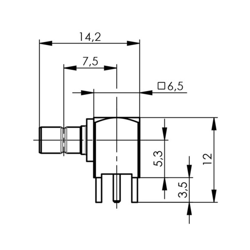 J01160A0591 - Роз'єм SMB для друкованих плат, штекер, кутовий, 50 Ом, покриття-золото
