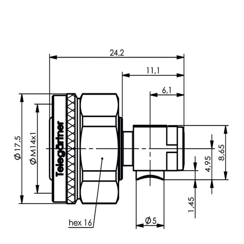 J01460A0008 - Кабельний кутовий роз'єм 2.2/5 · 50 Ом штекер, паяння, IP68, G10 (UT-141)
