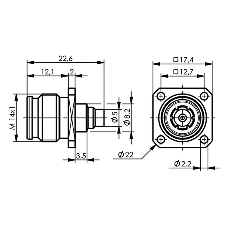 J01461A0005 - Панельный разъём 2.2-5 · 50 Ом гнездо, пайка, крепление- фланец 17.4 мм, IP68