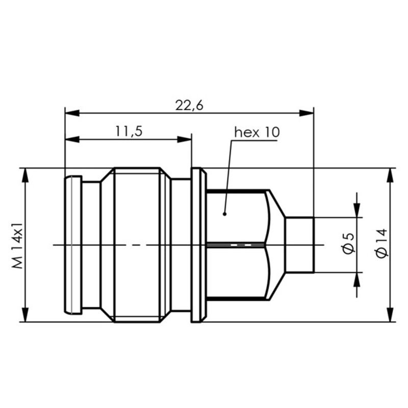 J01461A0007 - Кабельний роз'єм 2.2/5 · 50 Ом гніздо, паяння, IP68, G10 (UT-141), латунь