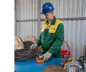 чоловік вимірює опір кабелю мегомметром чоловік вимірює опір кабелю мегомметром