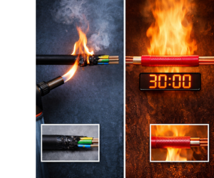 ілюстрація різниці між вогнестійкими та термостійкими кабелями