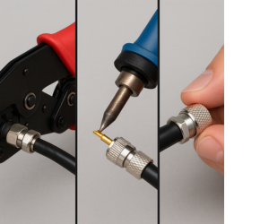 фото трёх способов монтажа коаксиальных разъёмов